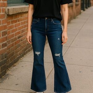 NOBO Juniors  15-17 Blue Flare Distressed Frayed Hem Elastic Waist Denim EUC